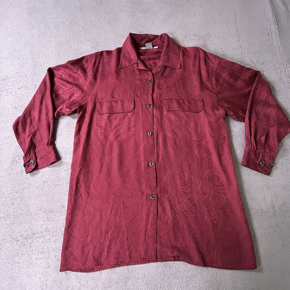 Vintage Robert Stock Shirt Mens Small Burgundy Silk Paisley Long Sleeve Button
